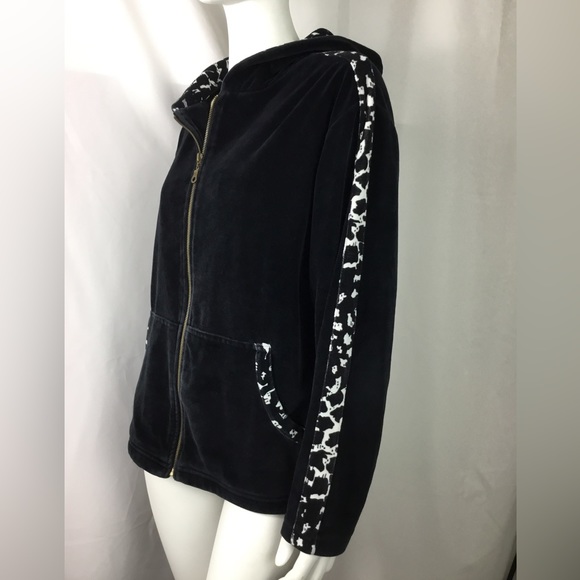 Black Velour Sweat Track Sweater Hooded Animal Print Side Stripe Women’s Size L - Picture 2 of 6